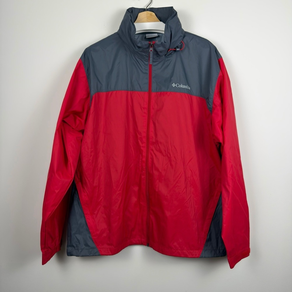 Columbia Windbreaker Jacket Size Men's XL Red Gray Hood Packable Full Zip Up